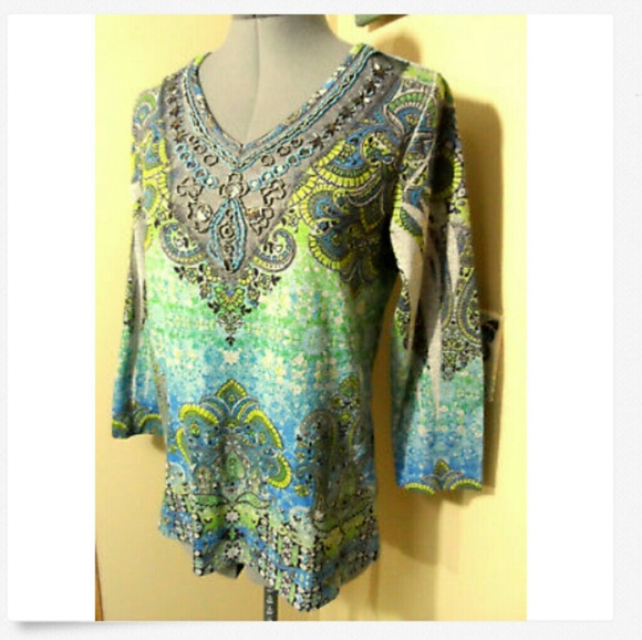 CHRISTOPHER & BANKS Beaded Top S Blue Green V-neck beautiful medallion Boho prin - Picture 4 of 7